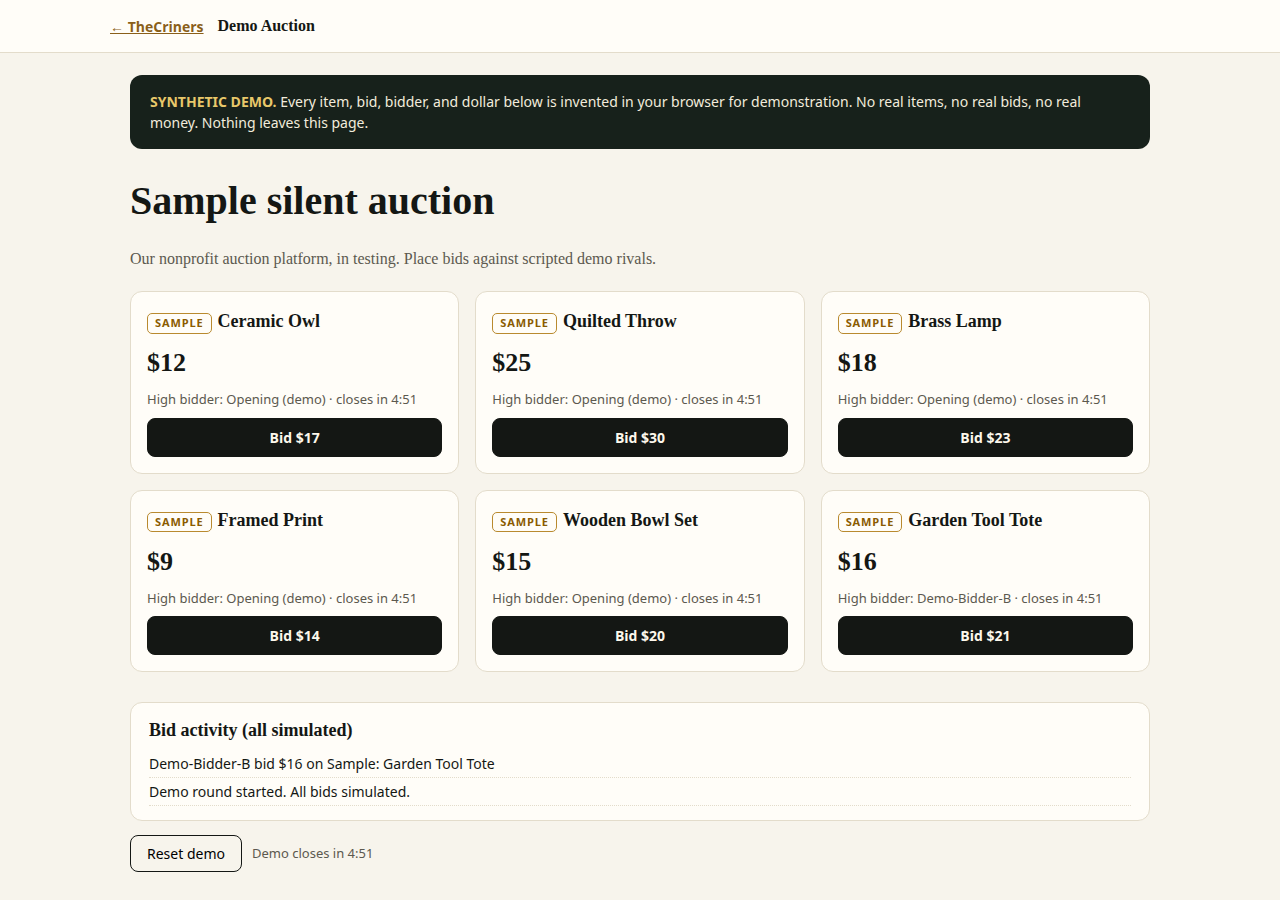 Silent-auction demo: sample items with current bids, bid buttons, and a simulated bid activity log