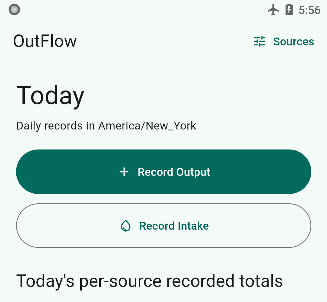 OutFlow app screen (synthetic sample data)