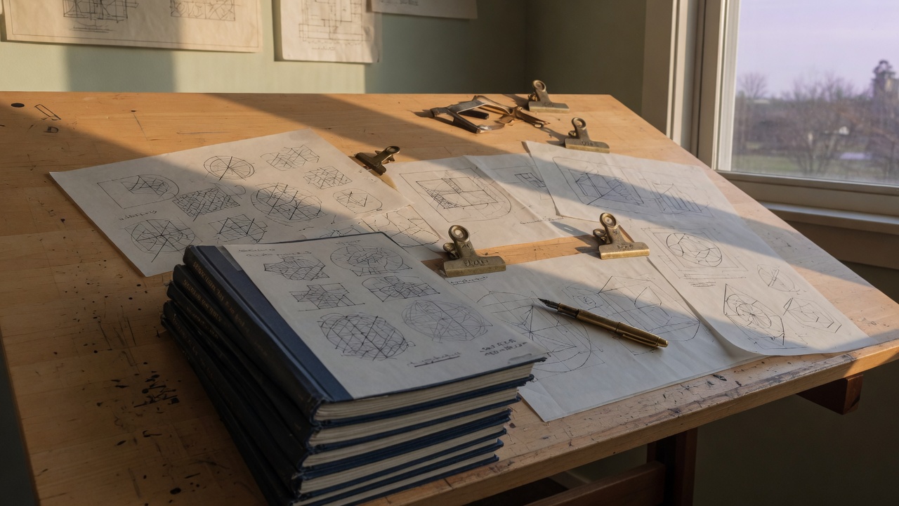 Drafting table with technical papers and diagrams