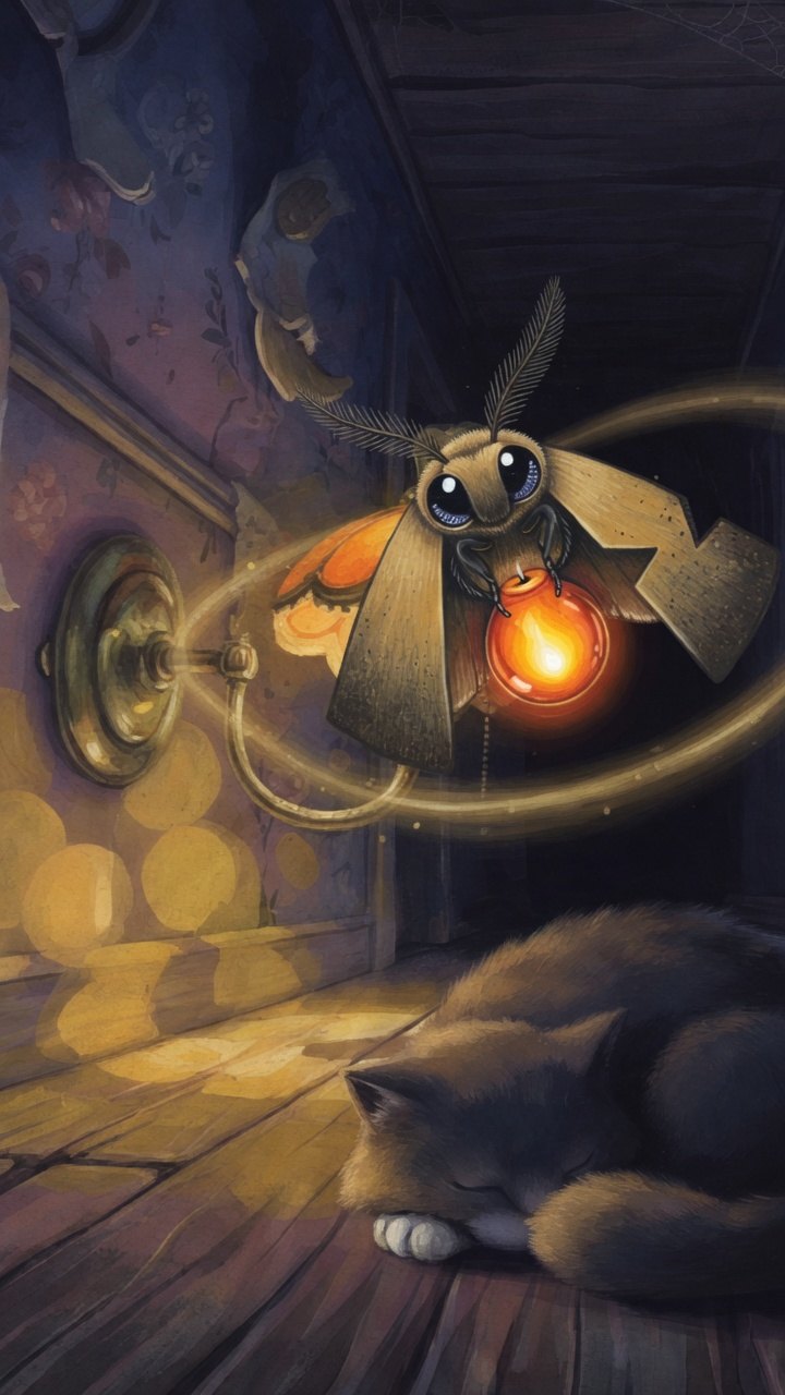 Glowthief key art: a moth carrying a lamp past a sleeping cat