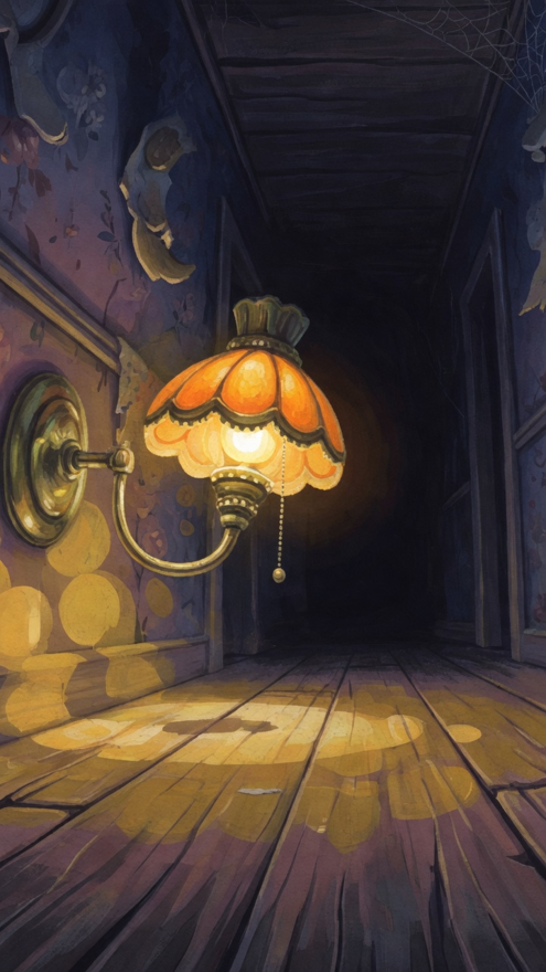 Glowthief hallway artwork: a lit lamp in a dark house