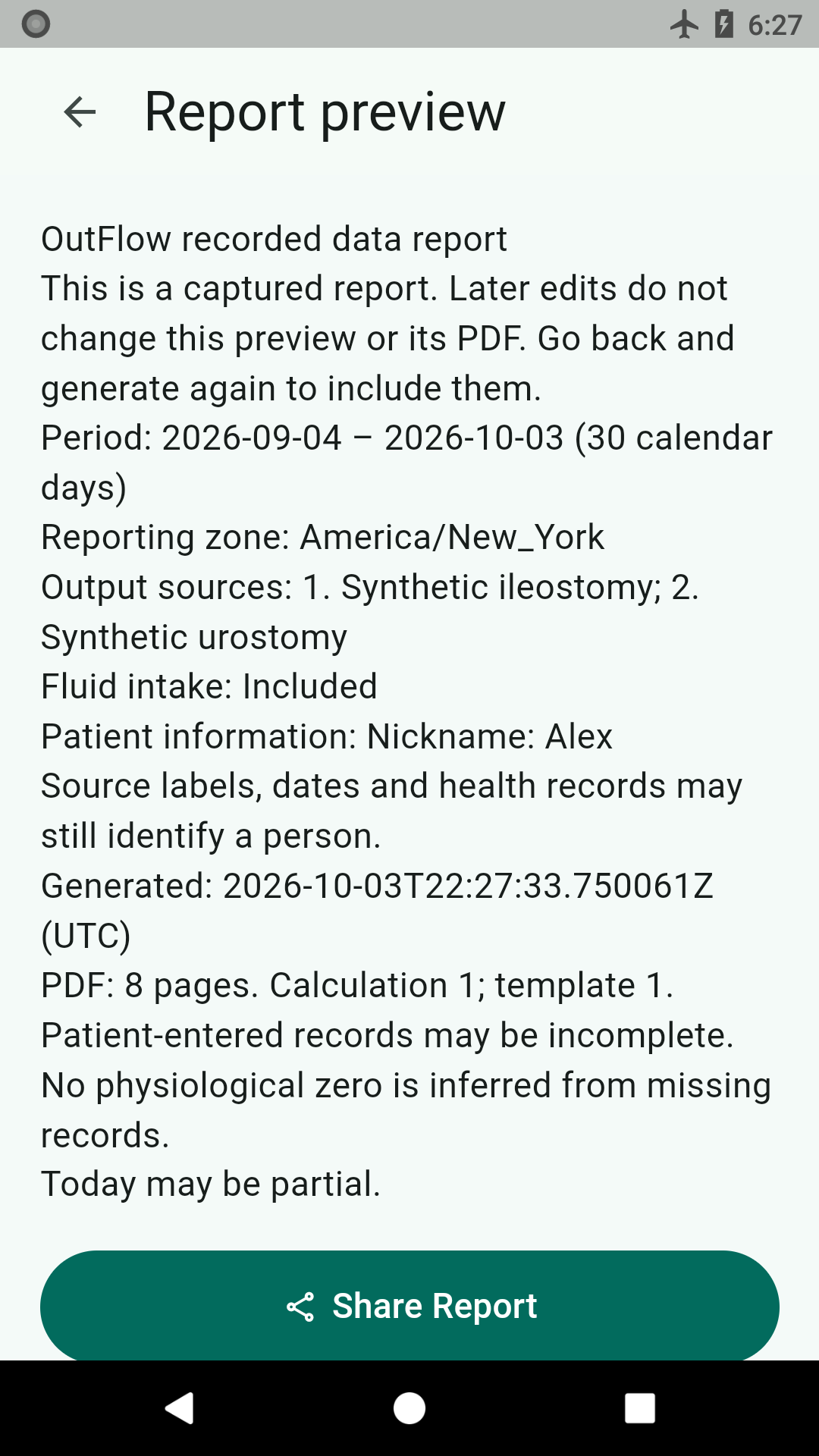 OutFlow report preview on Android (synthetic test data)