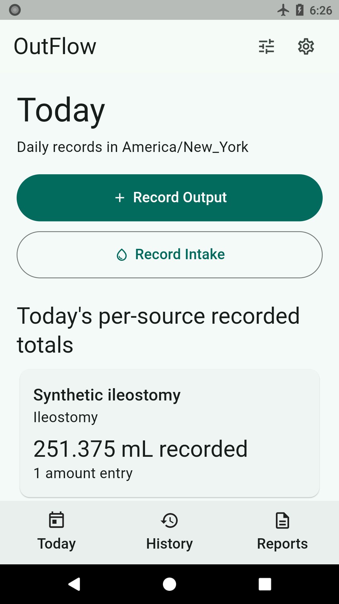 OutFlow Today screen on Android showing record buttons and per-source totals (synthetic test data)