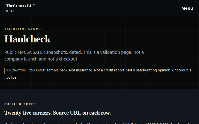 Haulcheck validation page with dated carrier snapshots