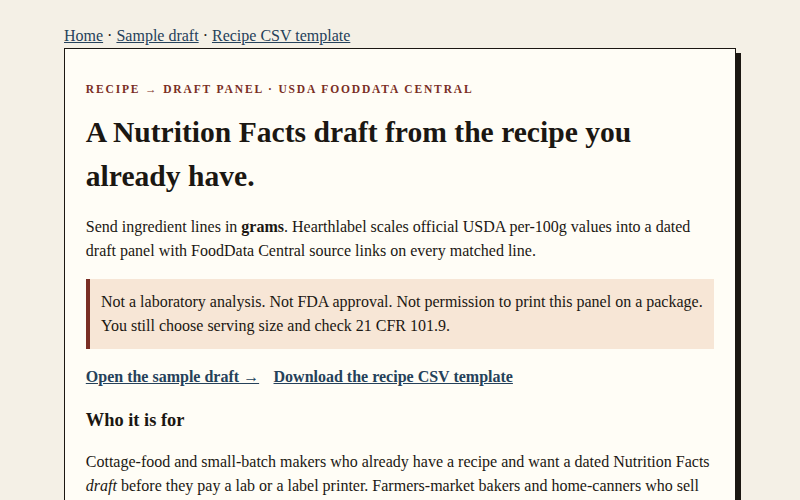 Hearthlabel homepage: a Nutrition Facts draft from your recipe