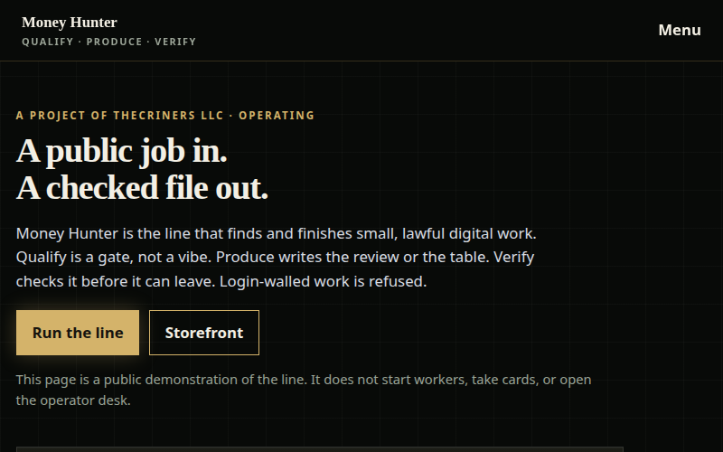 Money Hunter homepage: a public job in, a checked file out