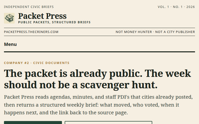 Packet Press homepage: public meeting packets turned into a weekly brief