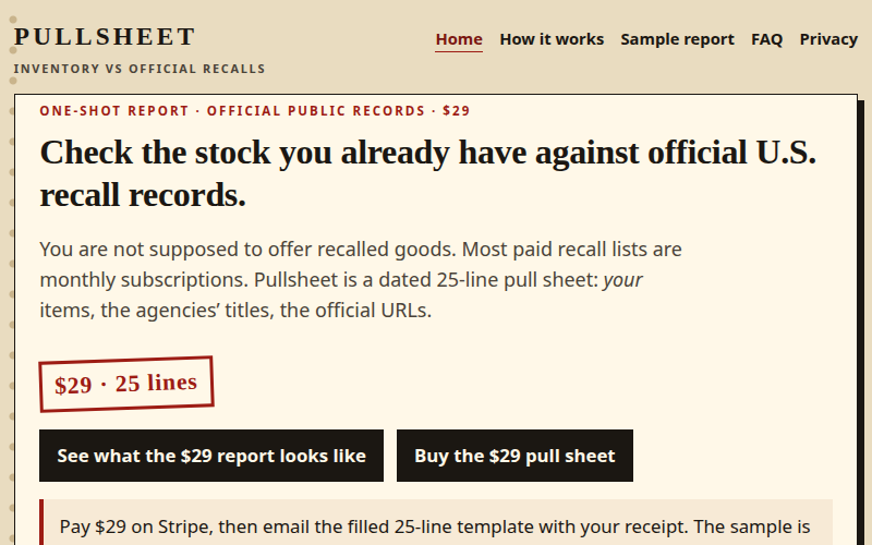 Pullsheet homepage: check your stock against official recall records