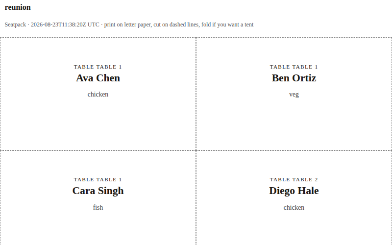 Actual Seatpack sample output: printable place cards with guest names
