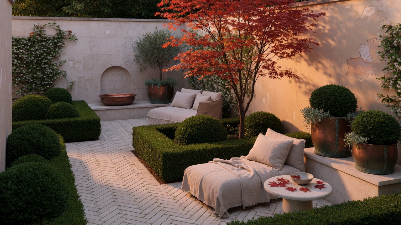 Demonstration courtyard with limestone path and maple