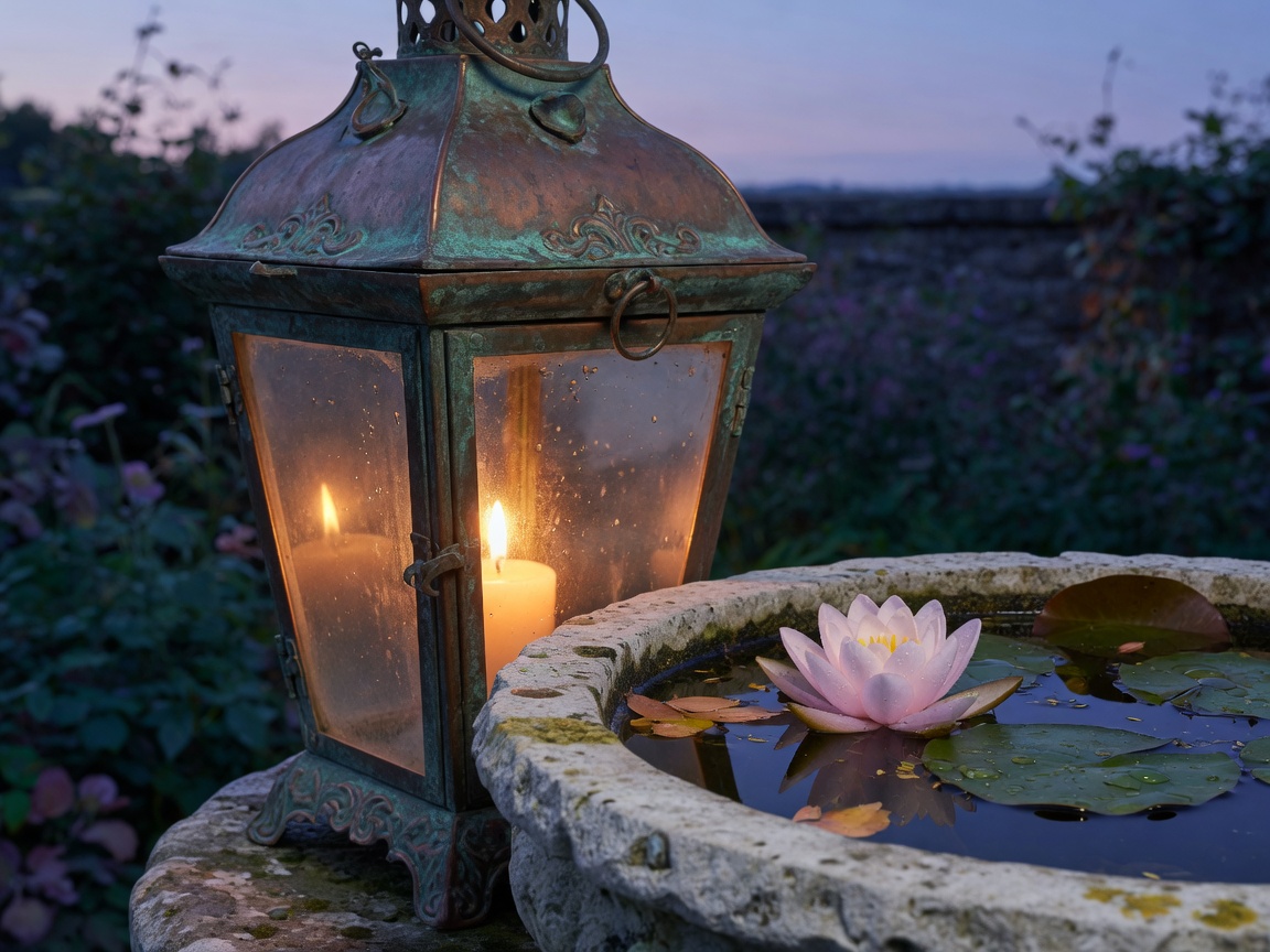 Demonstration copper lantern and stone basin